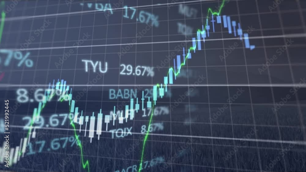 Animation of financial data and graphs over digital screen and wind turbines Animation of financial data and graphs over digital screen and wind turbines
