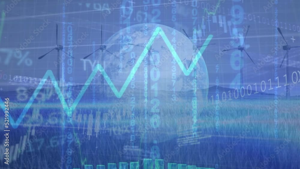 Animation of binary coding, globe, data processing over wind turbines Animation of binary coding, globe, data processing over wind turbines