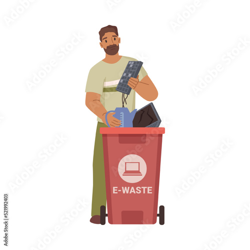 Male character throwing outdated or broken electronic devices or gadgets in recycling container bin. Ecology and environmental awareness. Flat cartoon, vector in flat style