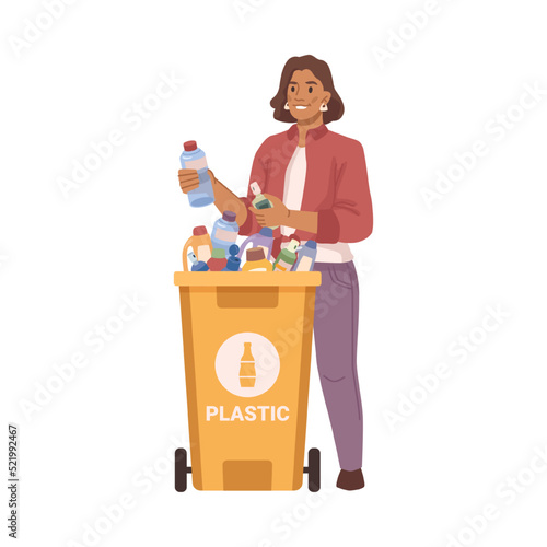 Female character sorting and separating garbage and rubbish. Isolated female character throwing plastic bottle in recycling container. Flat cartoon, vector in flat style