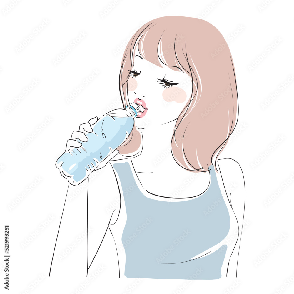 ペットボトルの水を飲むミディアムヘアの女性 ペットボトルの水を飲むミディアムヘアの女性