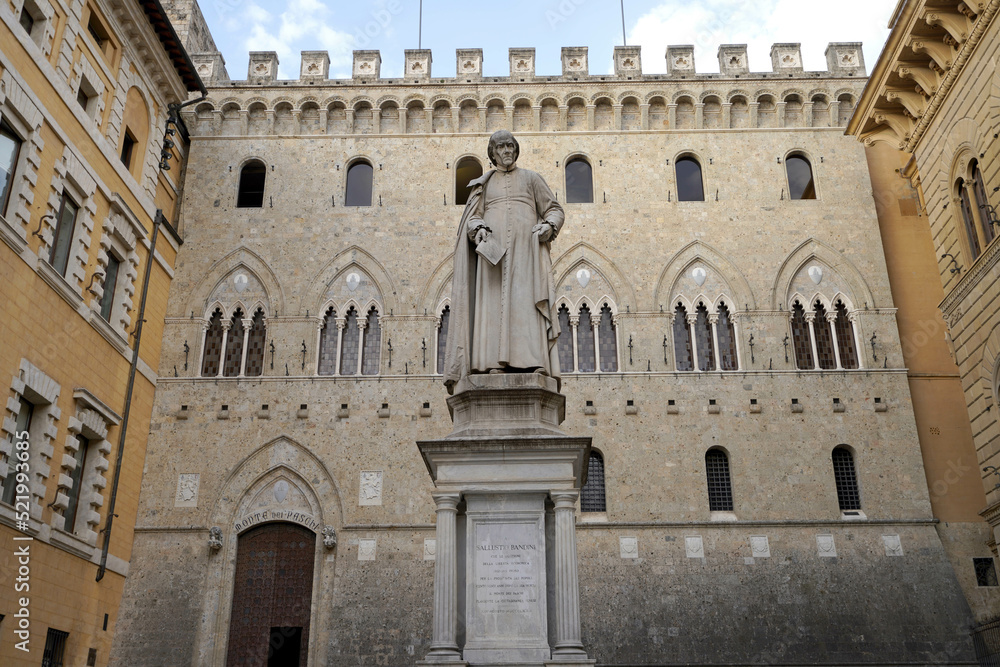 Palazzo Salimbeni, the Main Office or Headquarter of Monte dei Paschi Bank, with Statue of Sallustio Bandini