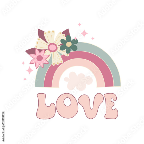 love. Cartoon rainbow  flowers  cloud  hand drawing lettering  d  cor elements. colorful vector illustration  retro style. design for cards  print  posters  logo  cover