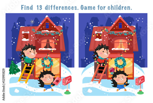 Find 13 differences. Game for children. Cute hedgehogs decorate house with light garland and carry letter for Santa Claus. House, buildings, mailbox, Christmas Eve in village.