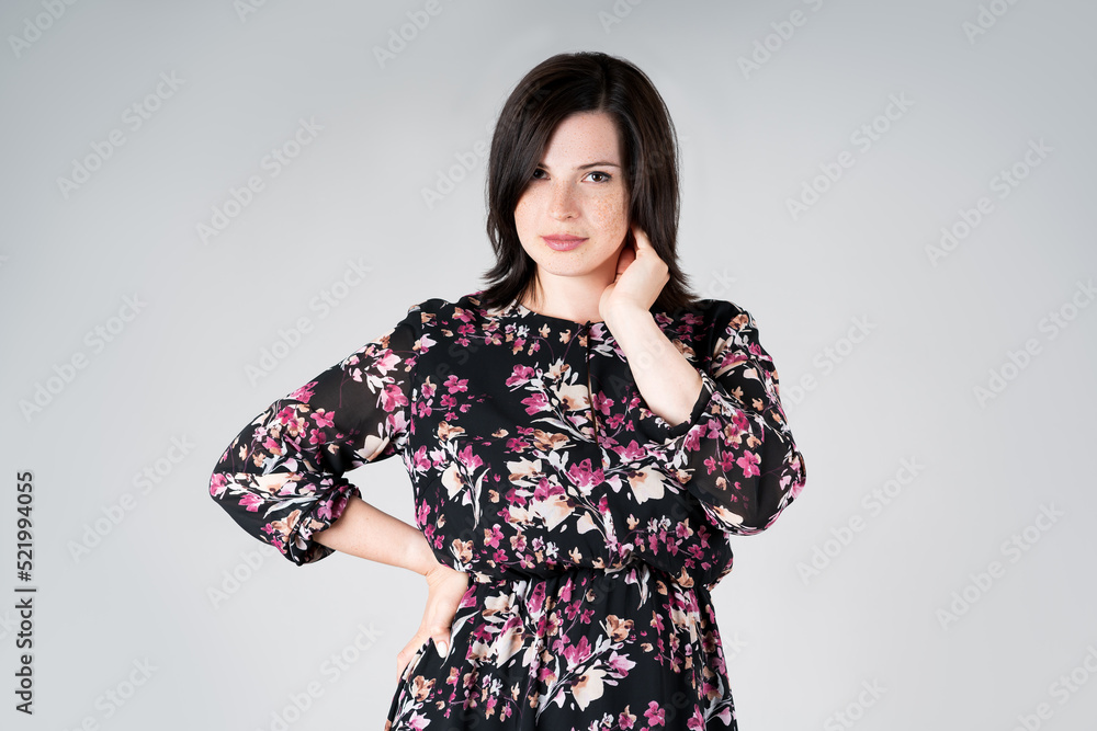 Plus size model in casual clothes, fat woman on gray background, overweight female body Plus size model in casual clothes, fat woman on gray background, overweight female body