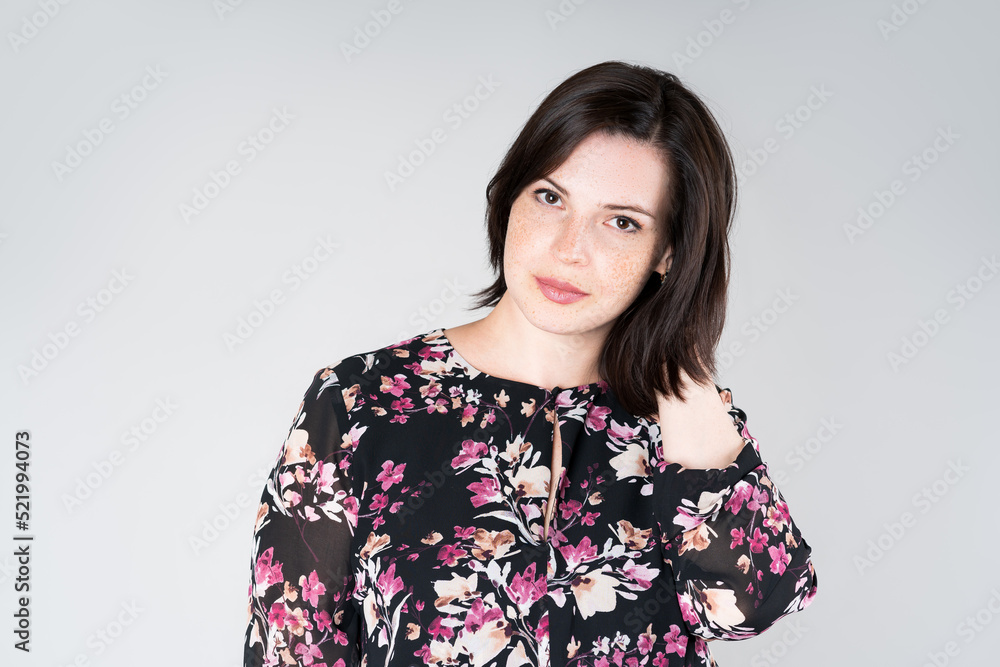 Plus size model in casual clothes, fat woman on gray background, overweight female body Plus size model in casual clothes, fat woman on gray background, overweight female body