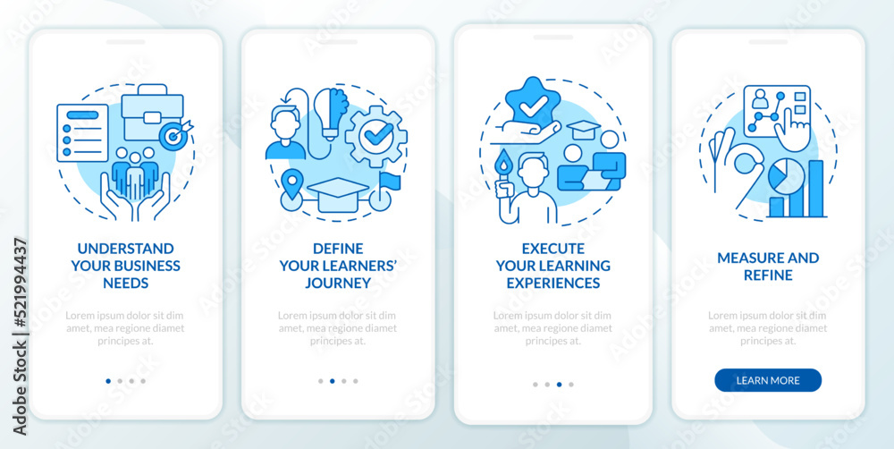 Effective leadership development blue onboarding mobile app screen. Walkthrough 4 steps editable graphic instructions with linear concepts. UI, UX, GUI template. Myriad Pro-Bold, Regular fonts used