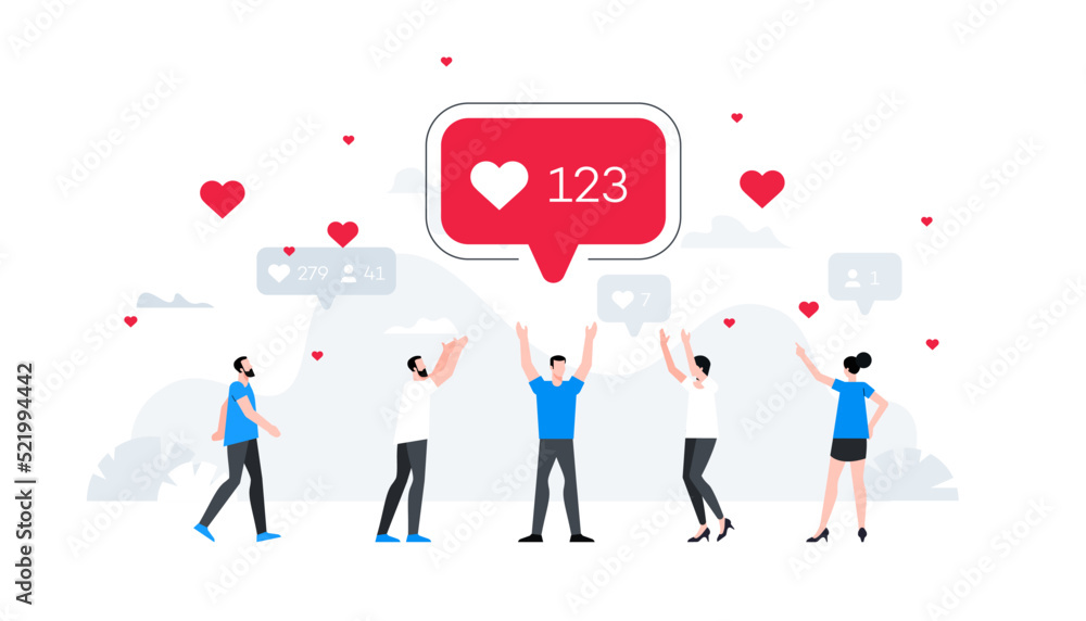 Social network like concept. Reaction on social media post. Animation ready duik friendly vector illustration.