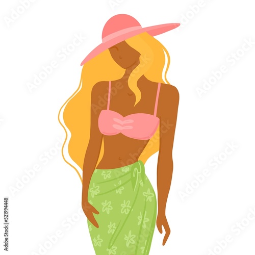 A swarthy young woman in a swimsuit and a hat. Illustration, portrait