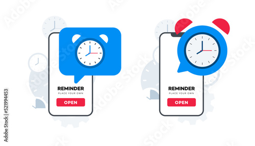 Conceptual vector mobile application reminders. Alarm notice. Calendar schedule notification. Animation ready duik friendly vector illustration.