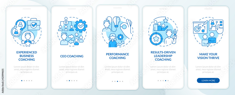 Corporate coaching service blue onboarding mobile app screen. Walkthrough 5 steps editable graphic instructions with linear concepts. UI, UX, GUI template. Myriad Pro-Bold, Regular fonts used