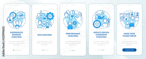 Corporate coaching service blue onboarding mobile app screen. Walkthrough 5 steps editable graphic instructions with linear concepts. UI, UX, GUI template. Myriad Pro-Bold, Regular fonts used