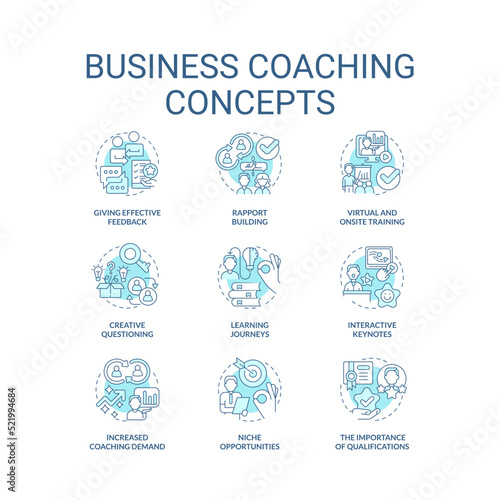 Business coaching turquoise concept icons set. Learning experience idea thin line color illustrations. Effective feedback. Isolated symbols. Editable stroke. Roboto-Medium, Myriad Pro-Bold fonts used