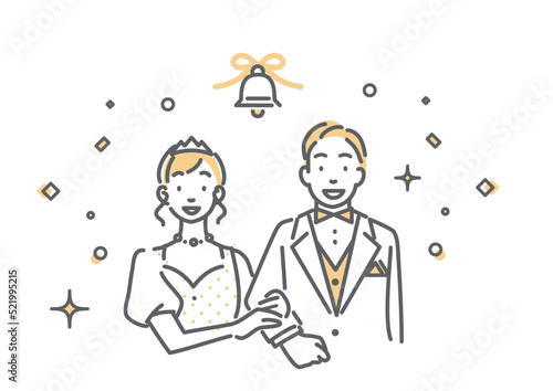 結婚式を挙げるカップル　ブライダル　シンプルでお洒落な線画イラスト