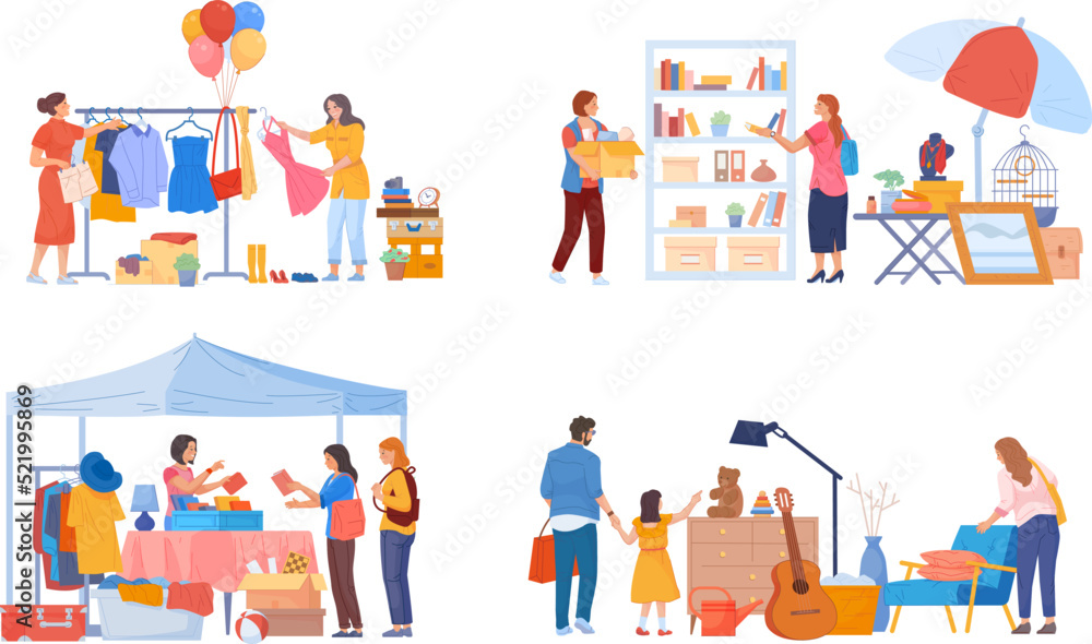 Flea market. Flea-market people sell secondhand clothes and antique furniture, garage sale used items outdoor marketplace, seller shopper fashion bazaar, swanky vector illustration