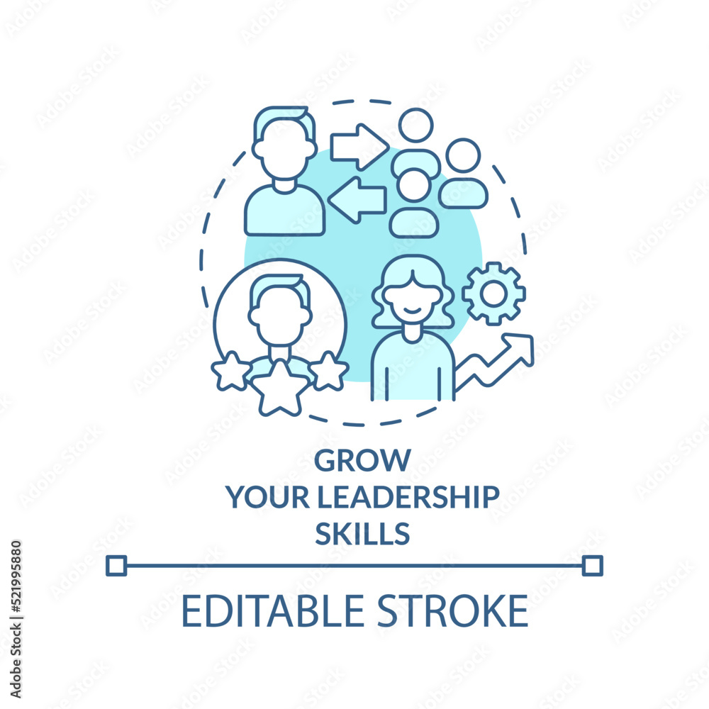 Grow leadership skills turquoise concept icon. Become certified coach course abstract idea thin line illustration. Isolated outline drawing. Editable stroke. Arial, Myriad Pro-Bold fonts used Grow leadership skills turquoise concept icon. Become certified coach course abstract idea thin line illustration. Isolated outline drawing. Editable stroke. Arial, Myriad Pro-Bold fonts used
