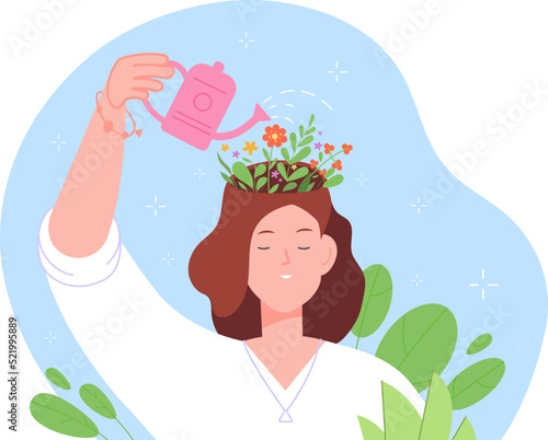 Growth positive think. Optimistic thinking, confident woman pouring flower in self head brain, fulfillment mental health mind care mindset, psychology concept vector illustration