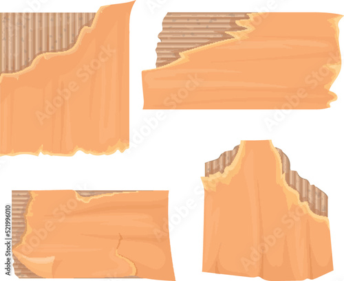Torn corrugated cardboard. Ripped edges cardboards background texture carton box material, rip gift packaging isolated brown paperboard grunge pattern, neat vector illustration