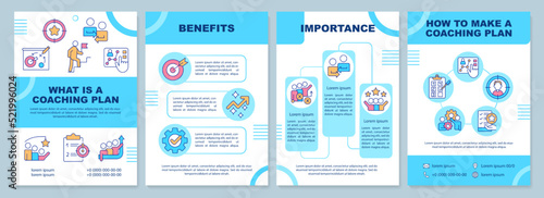 What is coaching plan blue brochure template. Team building. Leaflet design with linear icons. Editable 4 vector layouts for presentation, annual reports. Arial-Black, Myriad Pro-Regular fonts used