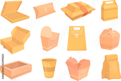 Cartoon takeaway boxes. Takeout bag disposables food box, take away package delivery meal paper or cardboard wrapper for noodles burger pizza