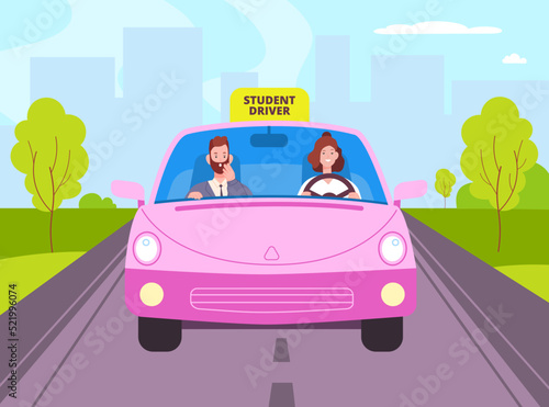 Instructor and student in car. Confident learner driver with inspector passenger exam safety driving road, auto test education drive rules automobile, splendid vector illustration