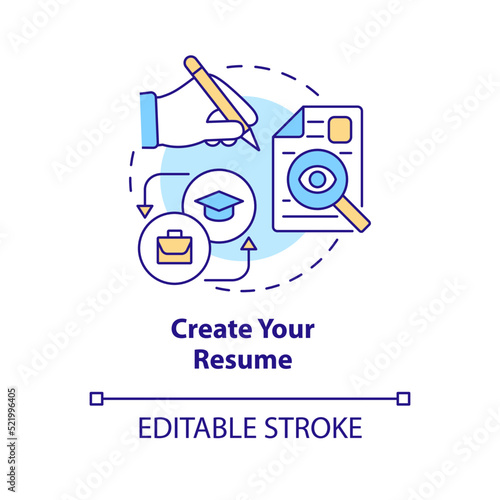 Create your resume concept icon. Search for job. Steps to become software engineer abstract idea thin line illustration. Isolated outline drawing. Editable stroke. Arial, Myriad Pro-Bold fonts used