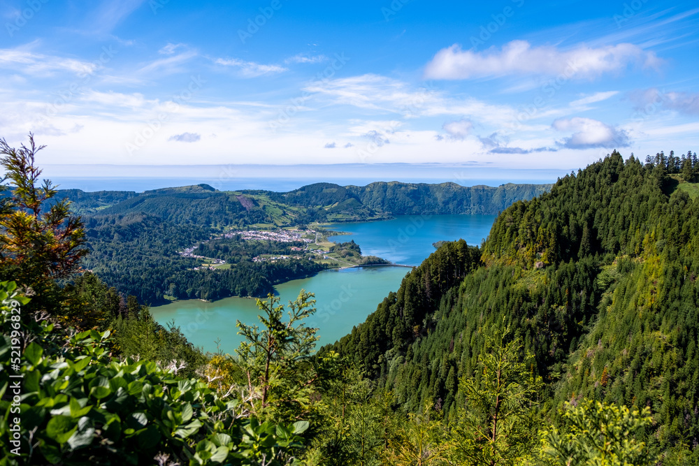 Landscape view into the Sete Cidades Twin Lakes, with Green and Blue Colour in the Dense Green Vegetation. São Miguel Island, Azores, Portugal