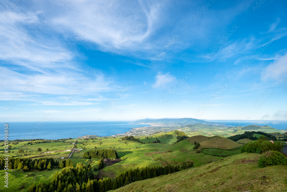 Pico do Carvão viewpoint facing northern and south coast and natural pastures of São Miguel Island, Azores Portugal