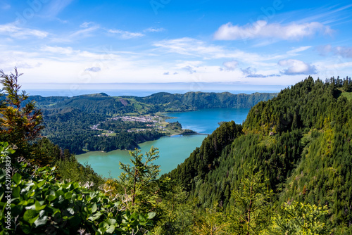 Landscape view into the Sete Cidades Twin Lakes, with Green and Blue Colour in the Dense Green Vegetation. São Miguel Island, Azores, Portugal