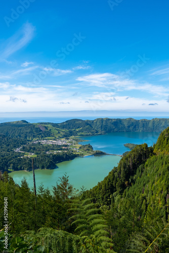 Magnific wild view into the Sete Cidades Twin Lakes, with Green and Blue Colour in the Dense Green Vegetation. São Miguel Island, Azores, Portugal