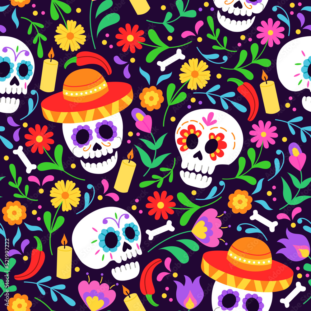 Seamless pattern for Day of the dead Dia de los Muertos holiday. Background with skull and floral ornament. Vector illustration for fabric, wrapping paper, textile, wallpaper and apparel. Seamless pattern for Day of the dead Dia de los Muertos holiday. Background with skull and floral ornament. Vector illustration for fabric, wrapping paper, textile, wallpaper and apparel.