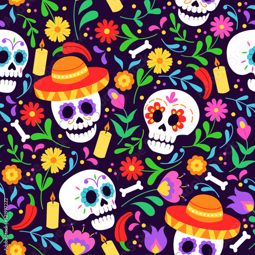 Seamless pattern for Day of the dead Dia de los Muertos holiday. Background with skull and floral ornament. Vector illustration for fabric, wrapping paper, textile, wallpaper and apparel. 