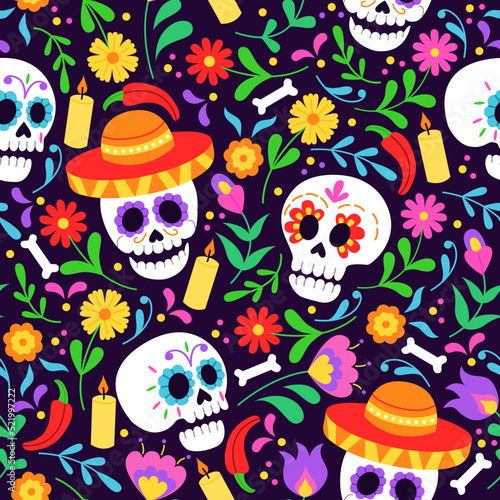 Seamless pattern for Day of the dead Dia de los Muertos holiday. Background  with skull and floral ornament. Vector illustration for fabric, wrapping paper, textile, wallpaper and apparel. 