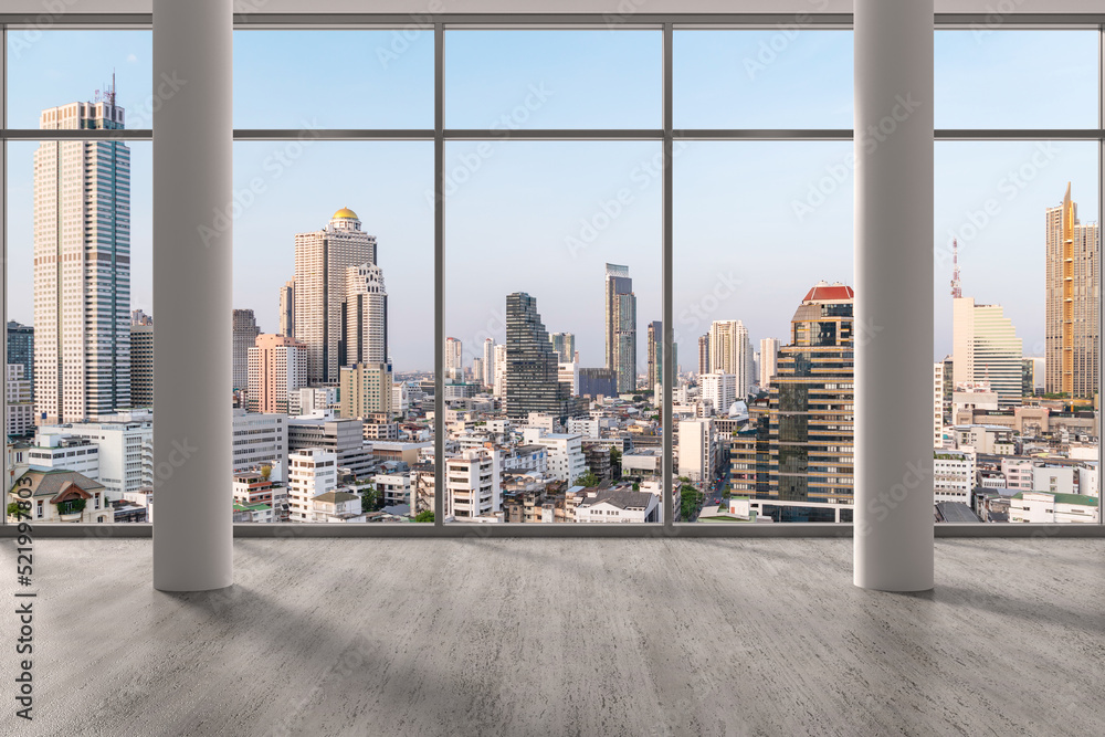 Obraz premium Empty room Interior Skyscrapers View Bangkok. Downtown City Skyline Buildings from High Rise Window. Beautiful Expensive Real Estate overlooking. Day time. 3d rendering.