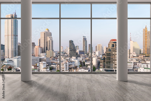 Empty room Interior Skyscrapers View Bangkok. Downtown City Skyline Buildings from High Rise Window. Beautiful Expensive Real Estate overlooking. Day time. 3d rendering.