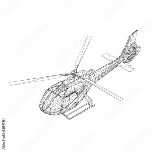Helicopter wireframe from black lines isolated on white background. Isometric view. 3D. Vector illustration.