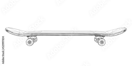Skateboard wireframe from black lines isolated on white background. Side view. 3D. Vector illustration.