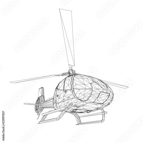 Helicopter wireframe from black lines isolated on white background. Perspective view. 3D. Vector illustration.