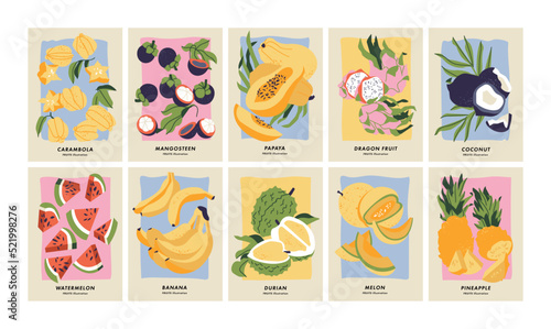 Vector illustration set of posters with different fruits. Art for postcards, wall art, banner, background.