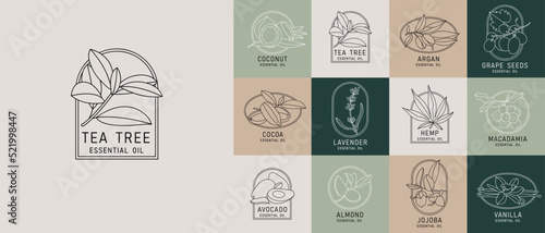 Vector set design templates and emblems - healthy and essential cosmetics oils. Different natural, organic oils. Logos in trendy linear style.