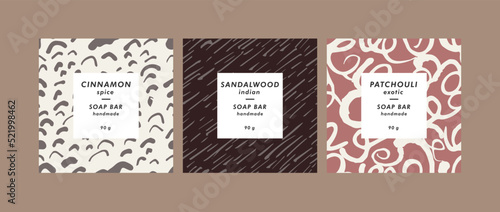 Vector set seamless patterns for cosmetics with template design labels. Abstract contemporary backgrounds for handmade soap.