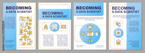 Becoming data scientist blue brochure template. It branch. Leaflet design with linear icons. Editable 4 vector layouts for presentation, annual reports. Arial-Black, Myriad Pro-Regular fonts used