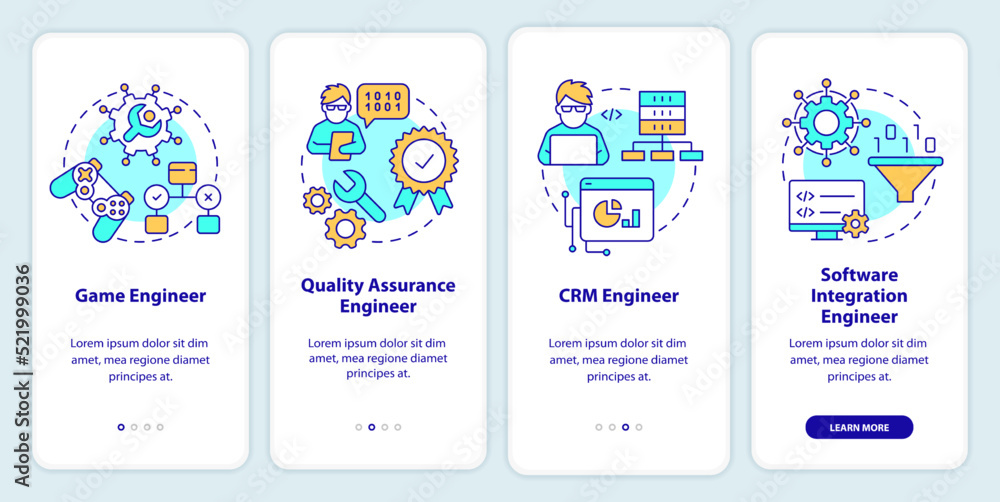Software engineer paths onboarding mobile app screen. Walkthrough 4 steps editable graphic instructions with linear concepts. UI, UX, GUI template. Myriad Pro-Bold, Regular fonts used