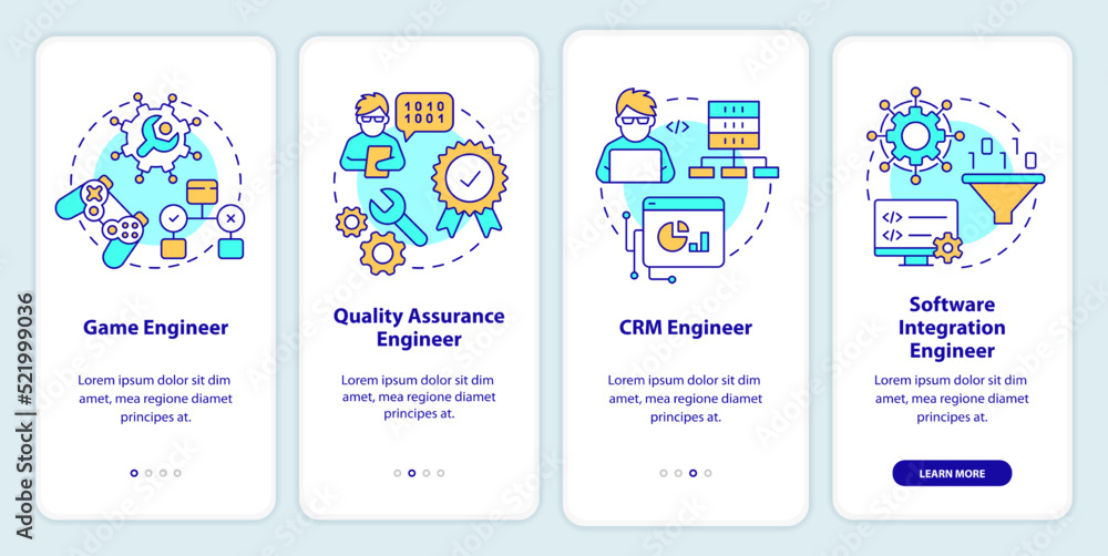 Software engineer paths onboarding mobile app screen. Walkthrough 4 steps editable graphic instructions with linear concepts. UI, UX, GUI template. Myriad Pro-Bold, Regular fonts used Software engineer paths onboarding mobile app screen. Walkthrough 4 steps editable graphic instructions with linear concepts. UI, UX, GUI template. Myriad Pro-Bold, Regular fonts used