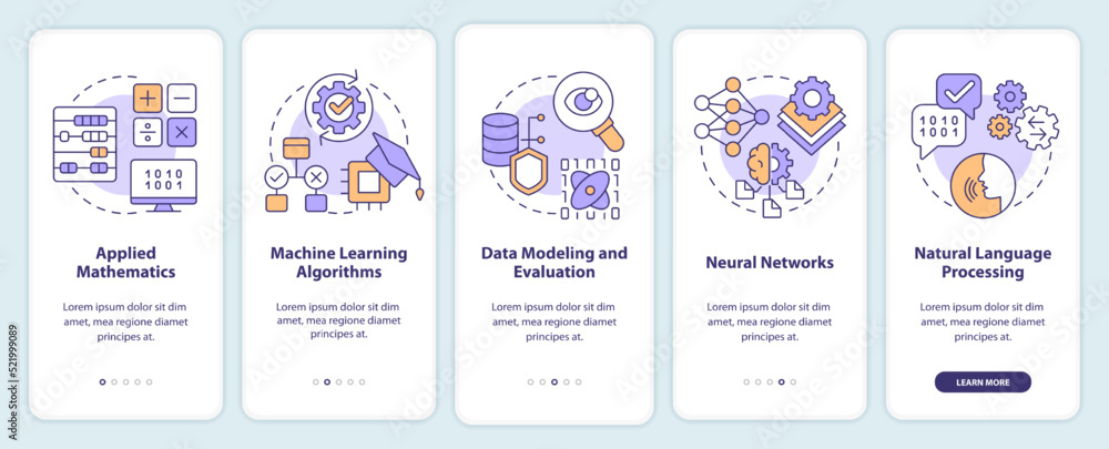 Machine learning engineer skills onboarding mobile app screen. Walkthrough 5 steps editable graphic instructions with linear concepts. UI, UX, GUI template. Myriad Pro-Bold, Regular fonts used