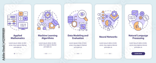 Machine learning engineer skills onboarding mobile app screen. Walkthrough 5 steps editable graphic instructions with linear concepts. UI, UX, GUI template. Myriad Pro-Bold, Regular fonts used