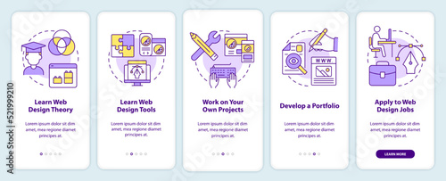 Becoming web designer onboarding mobile app screen. Walkthrough 5 steps editable graphic instructions with linear concepts. UI, UX, GUI template. Myriad Pro-Bold, Regular fonts used
