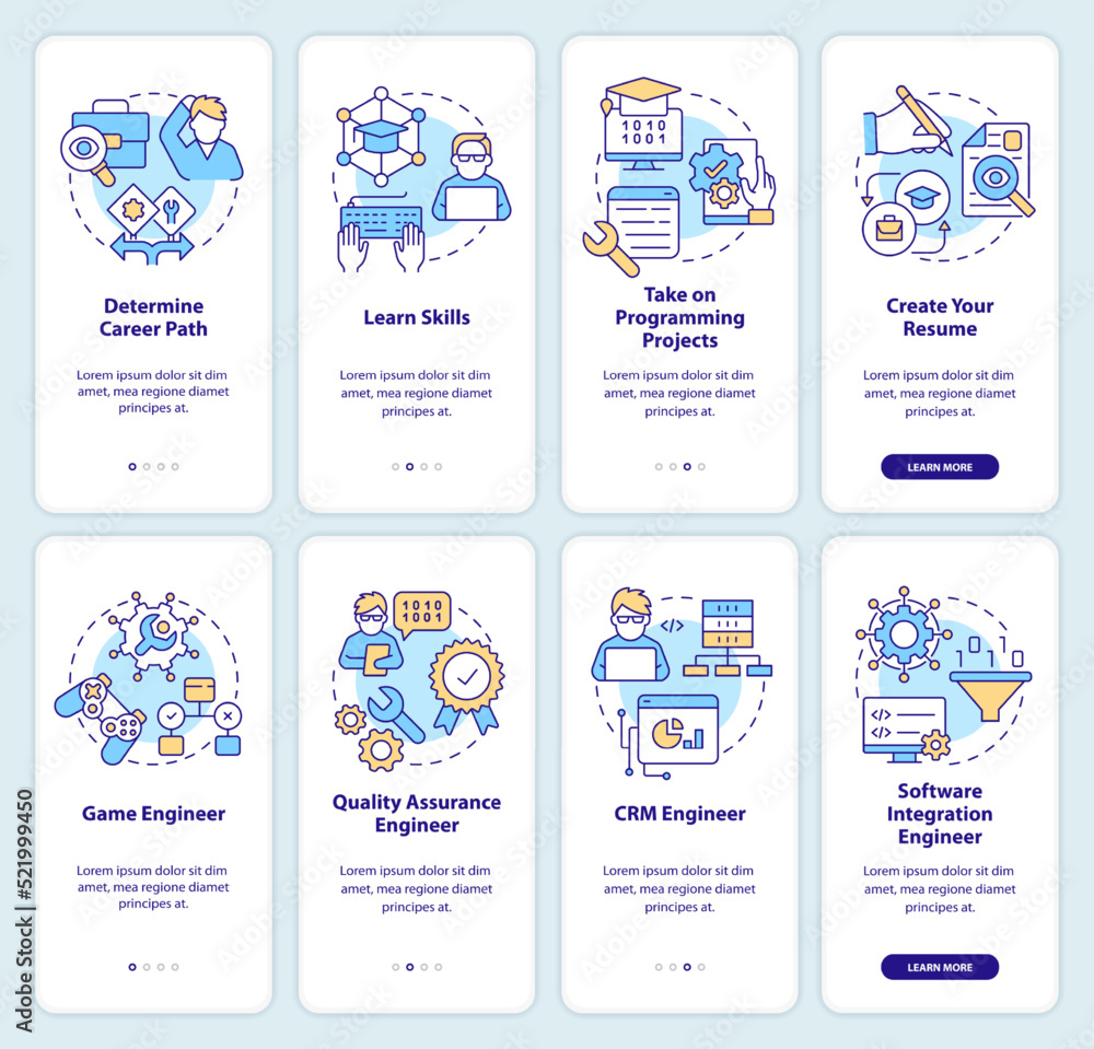 Software developer profession onboarding mobile app screen set. Walkthrough 5 steps editable graphic instructions with linear concepts. UI, UX, GUI template. Myriad Pro-Bold, Regular fonts used