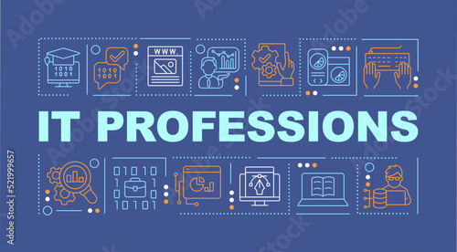 IT professions word concepts blue banner. Computer science. Infographics with editable icons on color background. Isolated typography. Vector illustration with text. Arial-Black font used