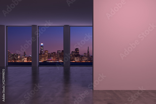 Downtown San Francisco City Skyline Buildings from High Rise Window. Beautiful Expensive Real Estate. Empty room Interior. Mockup wall. Skyscrapers Cityscape. Night California. 3d rendering